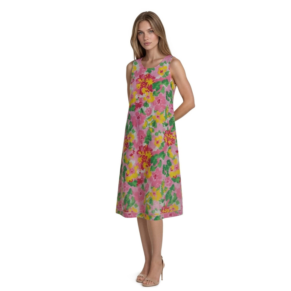 Charter Club 100% Linen Midi‎ Dress Women's Size Large Pink Floral Sleeveless